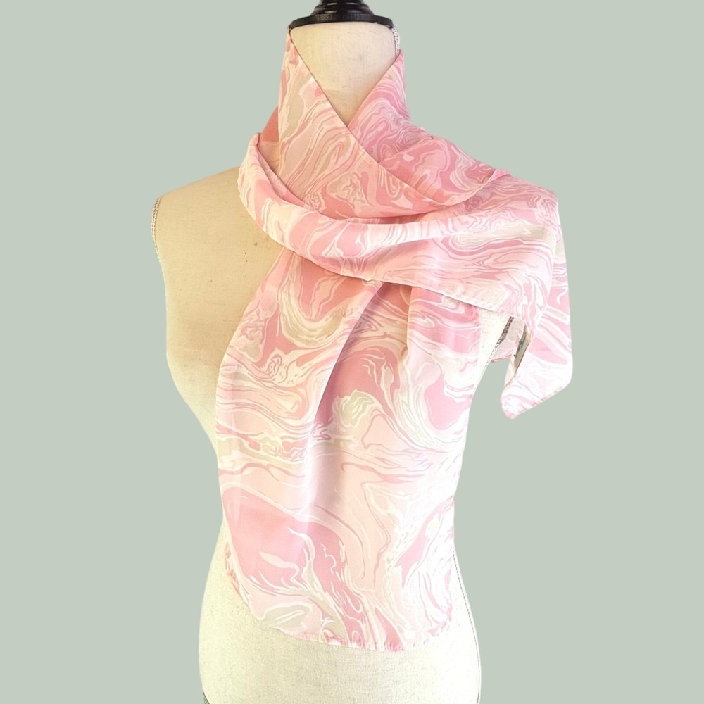 Vintage Scarf Pink Cream Marble Swirl Print Sheer Coquette Feminine Mod 70s 90s